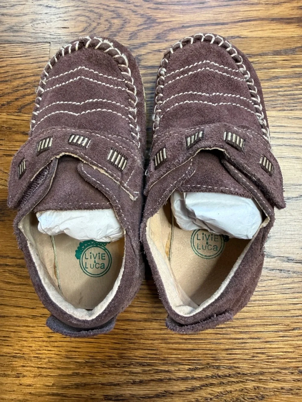 Kids Brown Suede Leather Moccasin Shoes Hook & Loop Closure Size 10